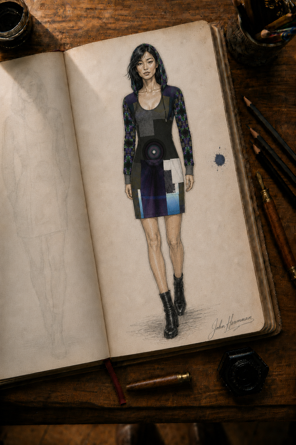 Corrected designer storybook alternate front view of From the Void to Grace 4 Above-the-Knee Hoodie Dress without pockets