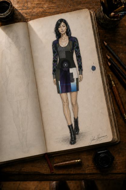 Corrected designer storybook alternate front view of From the Void to Grace 4 Above-the-Knee Hoodie Dress without pockets