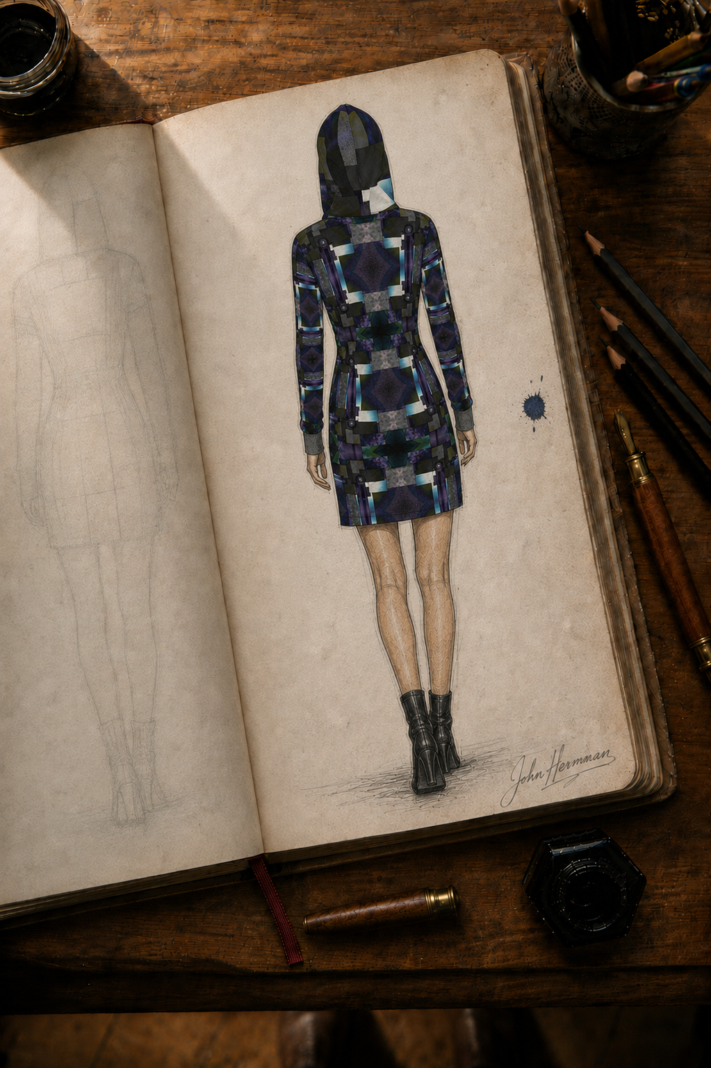 Designer storybook raised-hood back view of From the Void to Grace 4 Above-the-Knee Hoodie Dress
