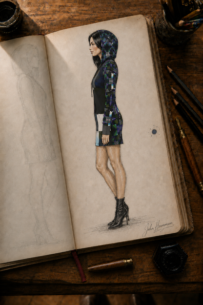 Corrected designer storybook right side view of From the Void to Grace 4 Above-the-Knee Hoodie Dress without pockets
