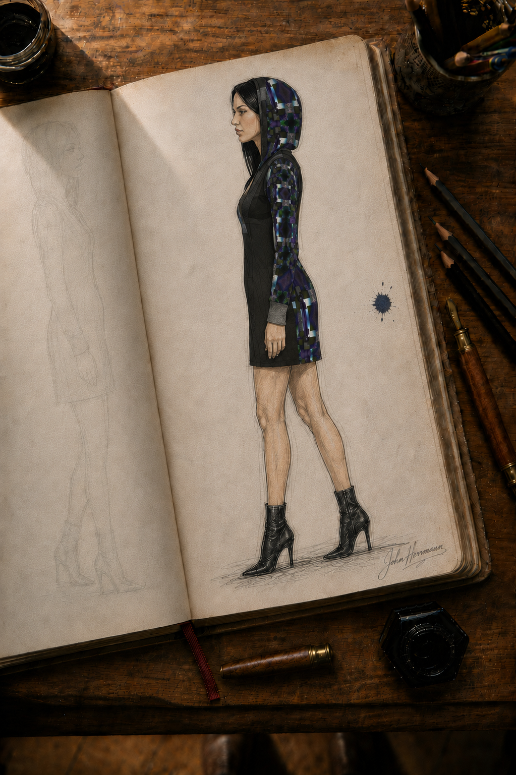 Corrected designer storybook left side view of From the Void to Grace 4 Above-the-Knee Hoodie Dress without pockets