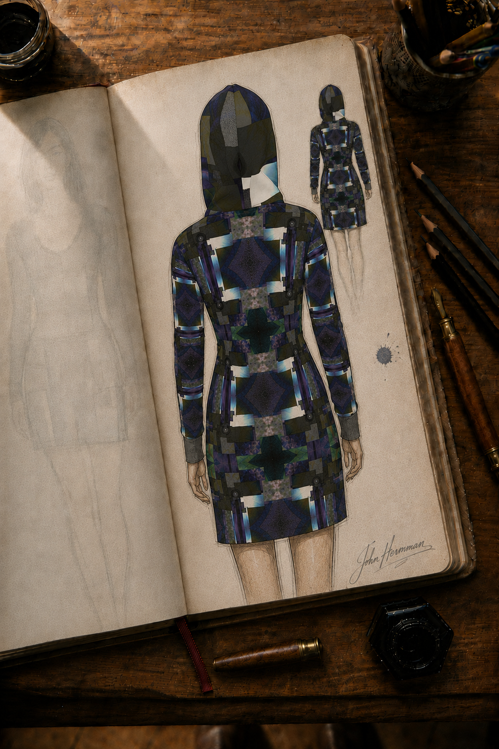 Corrected designer storybook rear hood construction detail of From the Void to Grace 4 Above-the-Knee Hoodie Dress