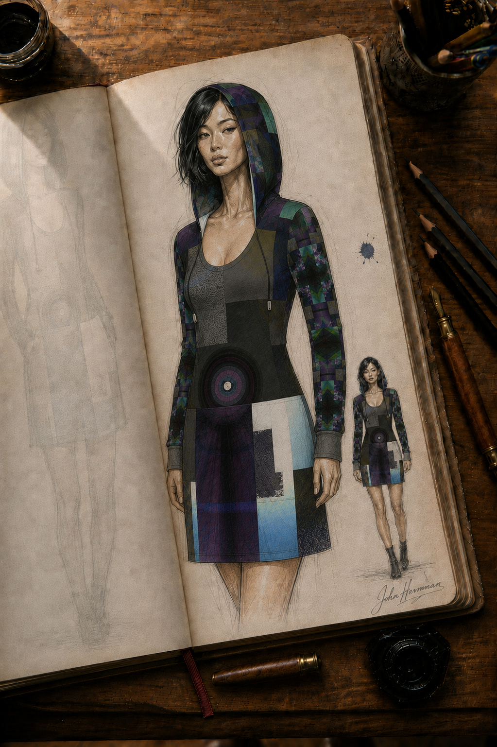 Corrected designer storybook front hood detail of From the Void to Grace 4 Above-the-Knee Hoodie Dress without pockets