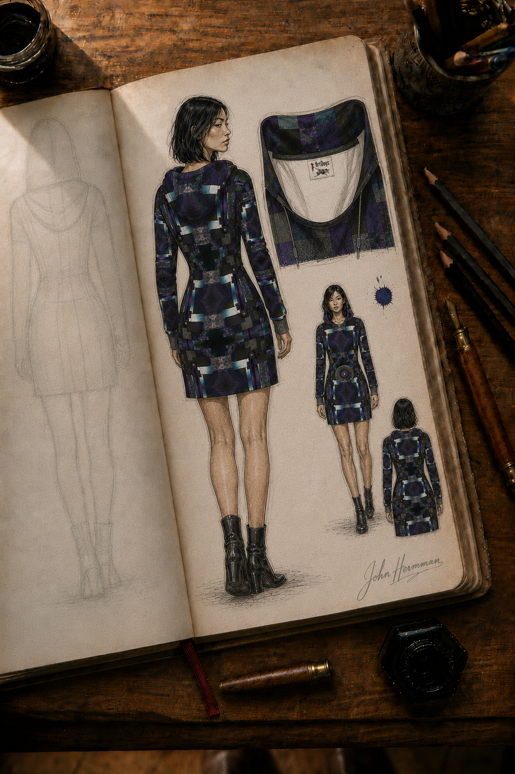 Corrected designer storybook inner neckline and label detail of From the Void to Grace 4 Above-the-Knee Hoodie Dress