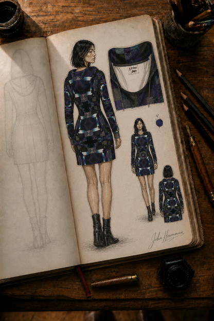 Corrected designer storybook inner neckline and label detail of From the Void to Grace 4 Above-the-Knee Hoodie Dress