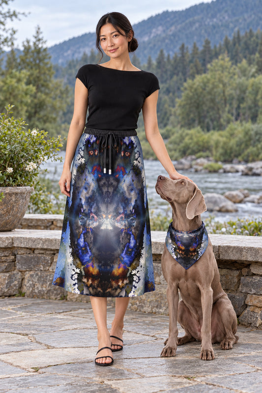 ArtDogs Into the Light calf-length midi skirt — dog-companion cover with matching artwork bandana.