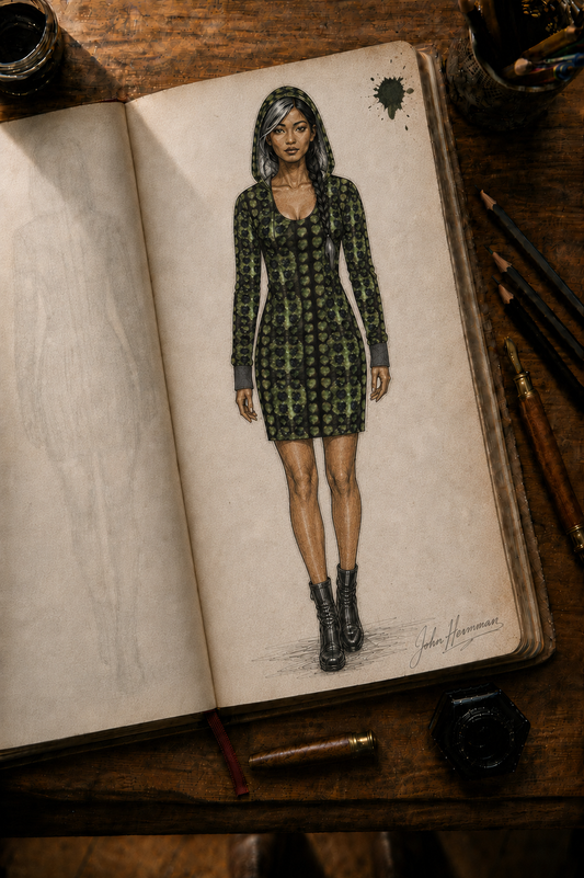 Corrected designer storybook front view of Leaves Above-the-Knee Hoodie Dress