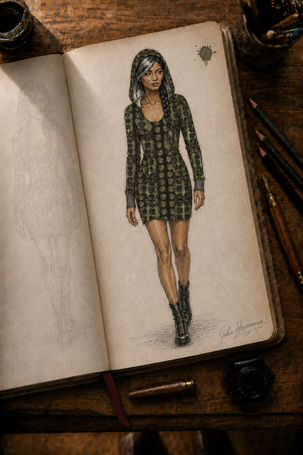 Corrected designer storybook three-quarter front view of Leaves Above-the-Knee Hoodie Dress