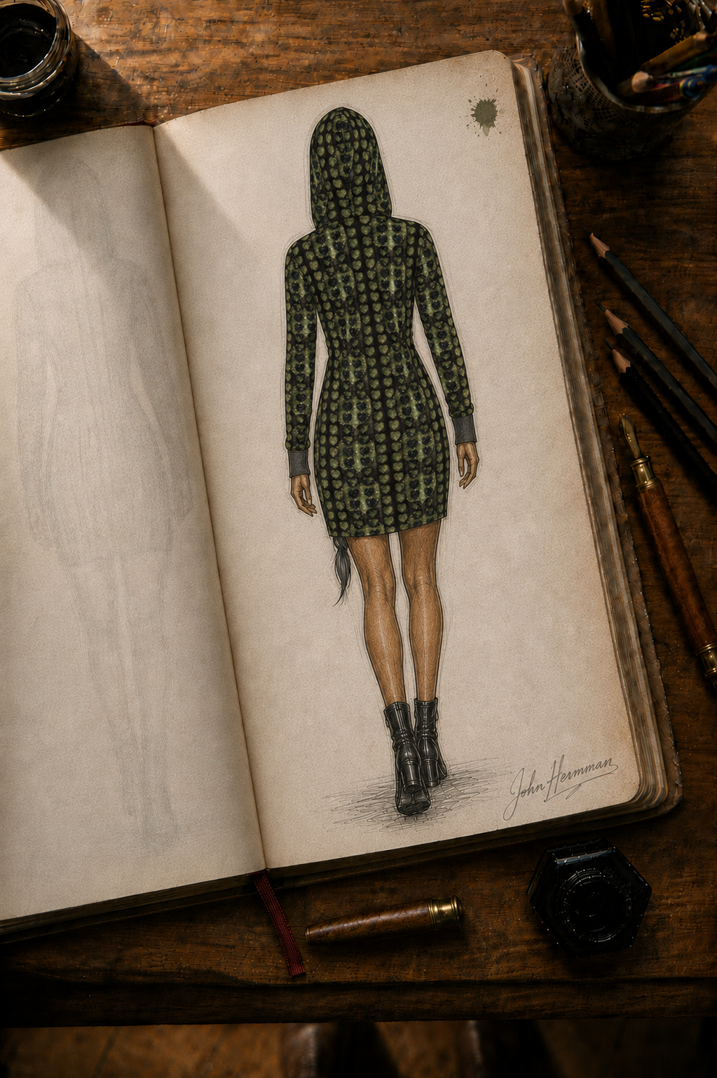 Approved designer storybook raised-hood back view of Leaves Above-the-Knee Hoodie Dress