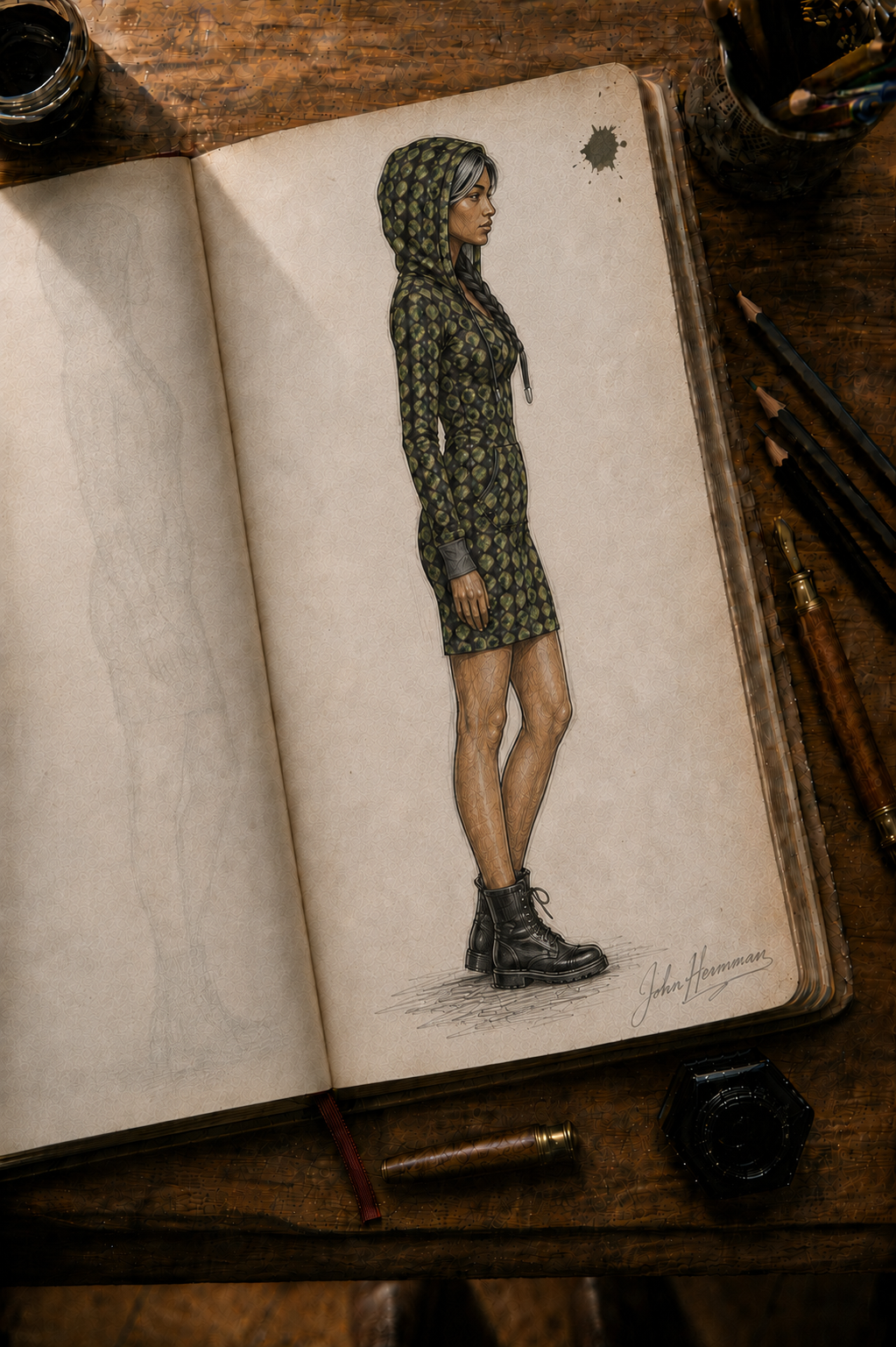 Corrected designer storybook right side view of Leaves Above-the-Knee Hoodie Dress