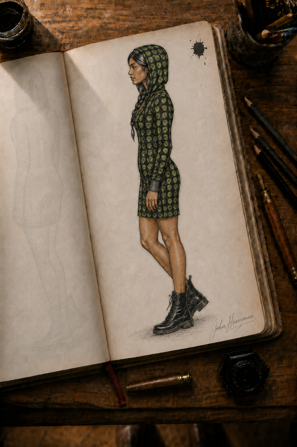 Corrected designer storybook left side view of Leaves Above-the-Knee Hoodie Dress