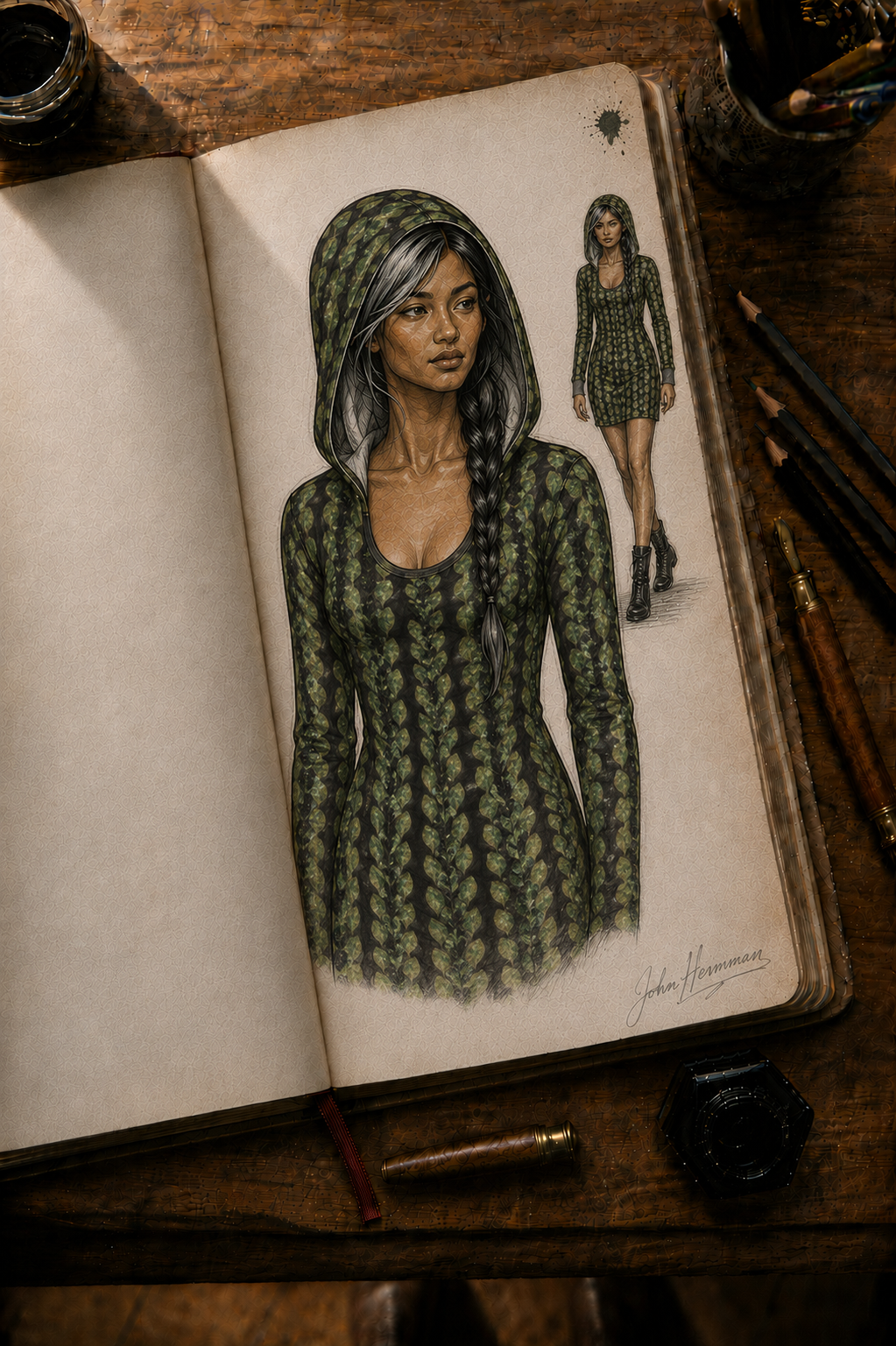 Corrected designer storybook front hood construction detail of Leaves Above-the-Knee Hoodie Dress