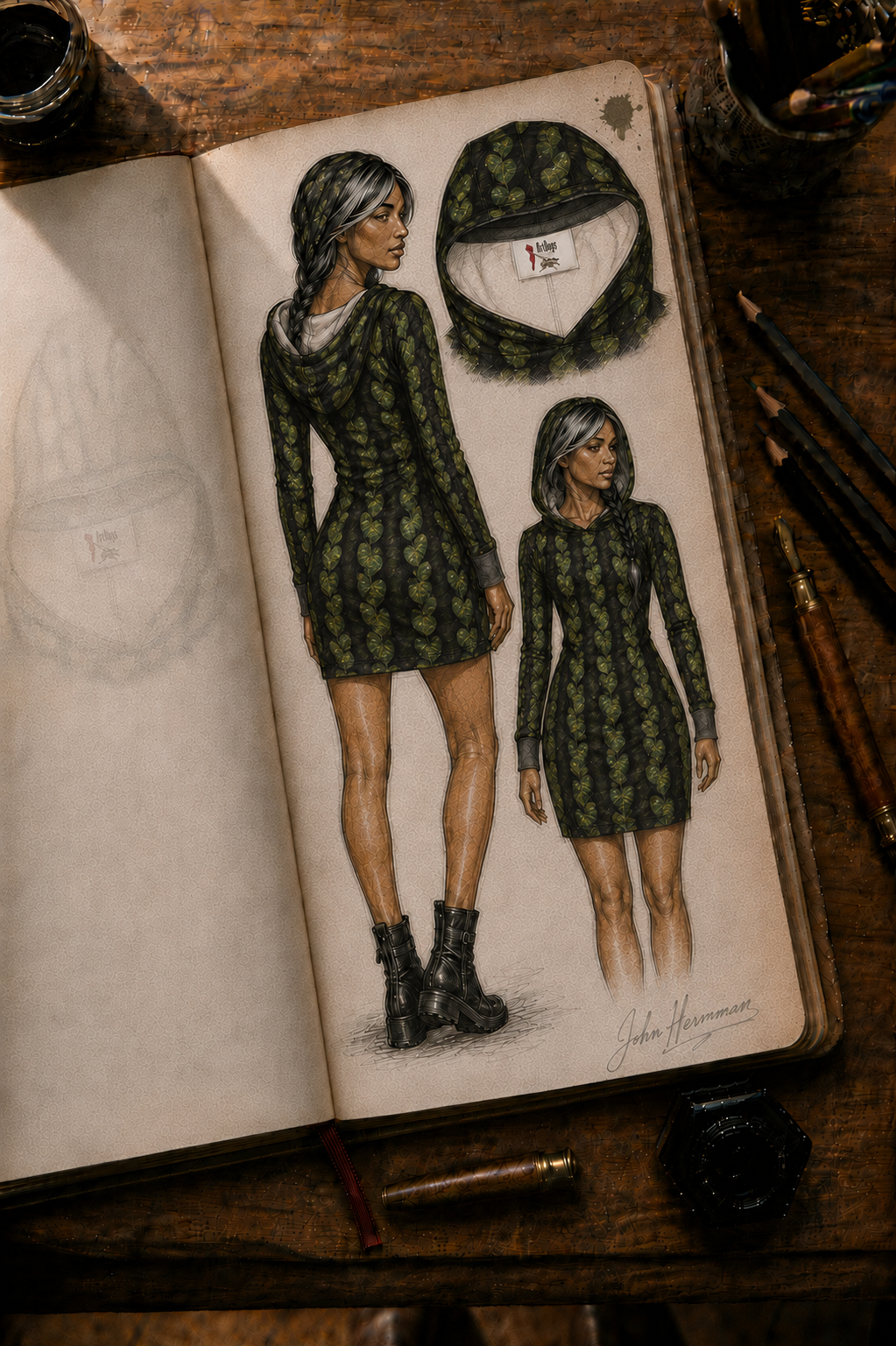 Corrected designer storybook inner neckline and label detail of Leaves Above-the-Knee Hoodie Dress