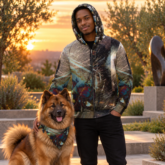 peacock hoodie — owner and registered dog full front