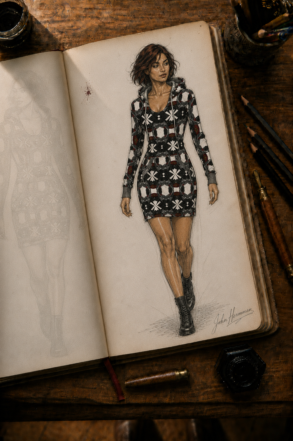 Spirit of Flight hoodie dress designer storybook walking front view