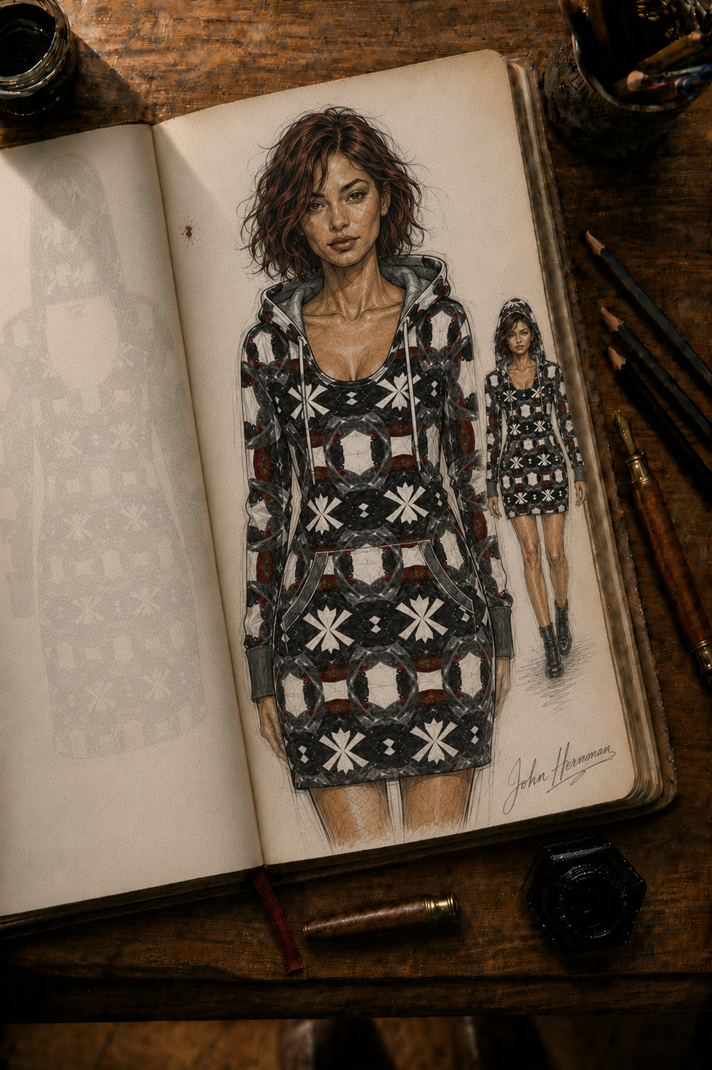 Spirit of Flight hoodie dress designer storybook front hood detail