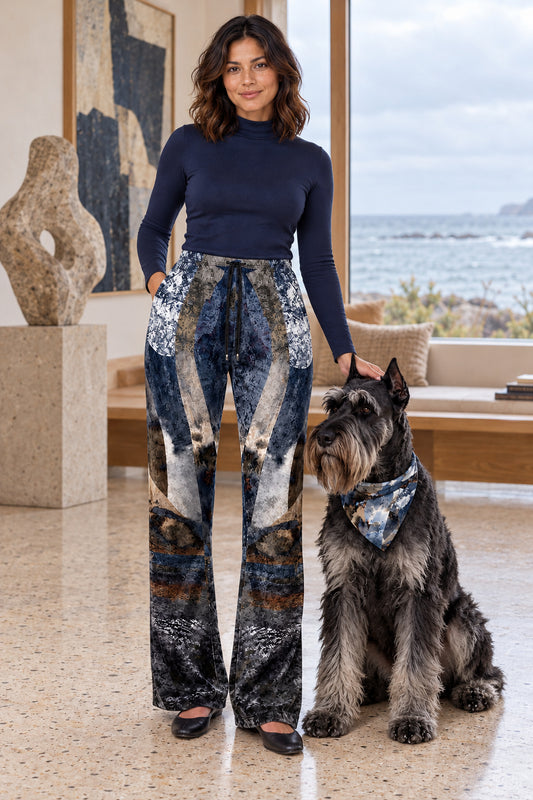 Spirit of Jezebel Women’s Trousers — front with registered giant schnauzer dog companion. Navy, cream, beige-gray and black Spirit of Jezebel original panel artwork.