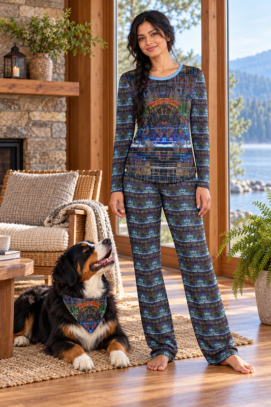 Temple of Time Ladies Night Set — full matching set with bernese mountain dog. Original blue, brown and cyan Temple of Time architectural artwork.