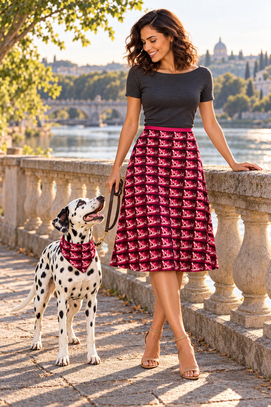 ArtDogs Venery3 knee-length classic flared skirt — dog-companion cover with matching venery3 artwork bandana.